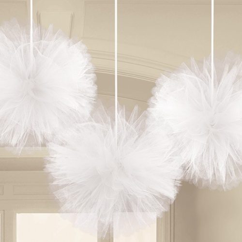 Pom pom pom de tul suspendat alb decorare 3 buc.