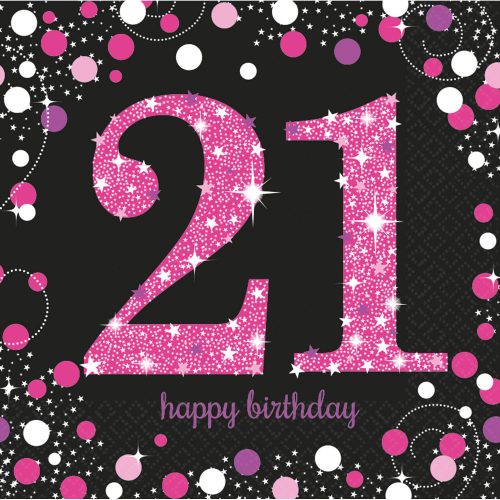 Happy Birthday 21 pink șervețele 16 buc 33x33 cm