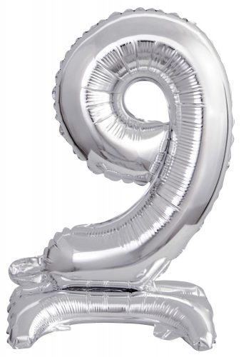 silver, argintiu mini Balon folie cifra 9 cu bază 38 cm