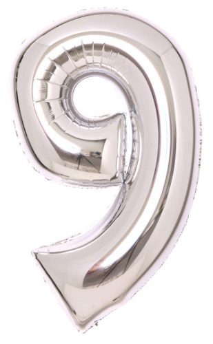 silver, argintiu Balon folie cifra 9 66 cm
