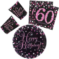   La mulți ani Pink Set de petrecere Happy Birthday 60 cu 32 piese și farfurii de 23 cm