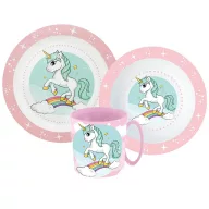   Unicorn Range set de masă, set micro din plastic cu cană de 350 ml
