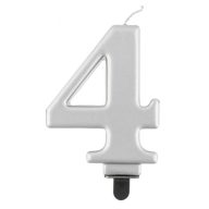   Numere Metallic Lumânare argintie numărul 4, lumânare aniversară