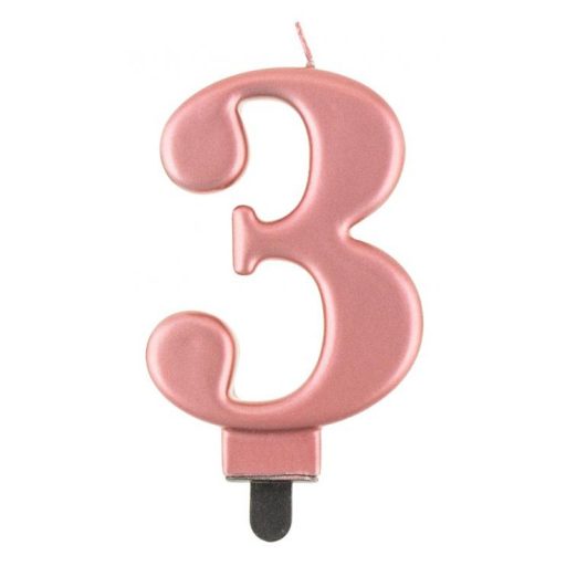 Numere Metallic Lumânare Rose Gold cu numărul 3, Lumânare pentru tort