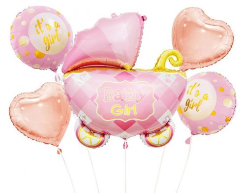La mulți ani Carriage Pink Set de 5 baloane din folie roz pentru cărucior