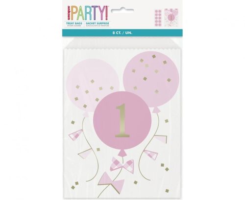 Prima zi de naștere Pink set de 8 pungi de hârtie