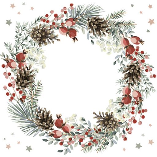 Crăciun Wreath on White șervețele, pachet de 20, 33x33 cm