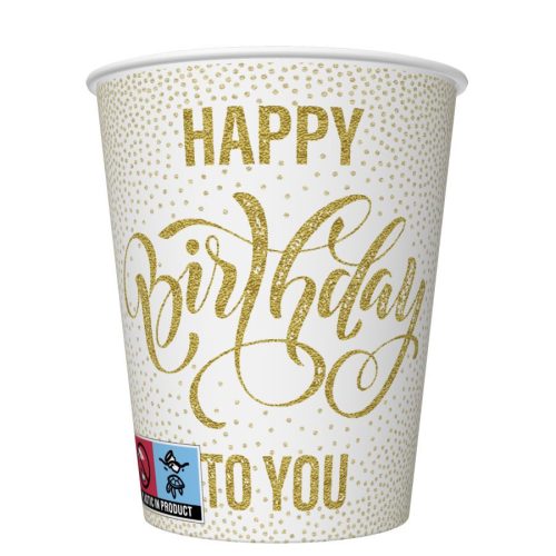 La mulți ani Dotted Gold Pahare de hârtie Happy Birthday set de 8, 250 ml
