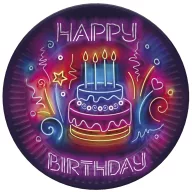   La mulți ani Neon Cake Farfurie de hârtie Happy Birthday 8 buc 18 cm