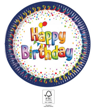 La mulți ani Multicolor Farfurie de hârtie Happy Birthday 8 buc 23 cm FSC