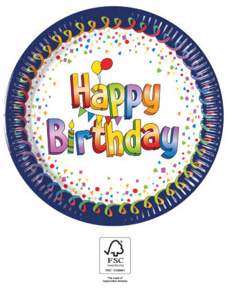 La mulți ani Multicolor Farfurie de hârtie Happy Birthday 8 buc 20 cm FSC
