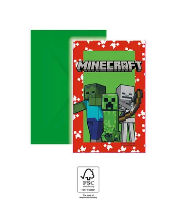 Minecraft Green Party invitație 6 buc FSC