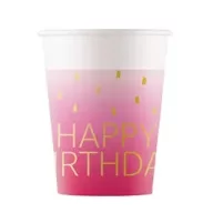   La mulți ani Golden Pink Pahar de hârtie Happy Birthday, 8 buc, 200 ml, FSC